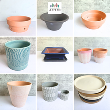 Load image into Gallery viewer, As-Is Dec 2025 Collage of various ceramic pots and planters with Leaferie logo.