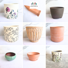 Load image into Gallery viewer, Collection of As-Is Feb 26 ceramic pots with various designs and colors Leaferie brand.