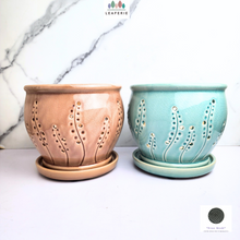 Load image into Gallery viewer, The Leaferie Liane orchid pot with holes and matching tray. ceramic material