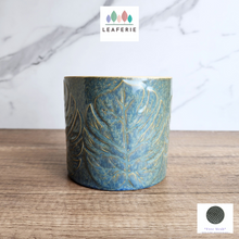 Load image into Gallery viewer, The Leaferie Aspasia blue leaf motif pot. ceramic material