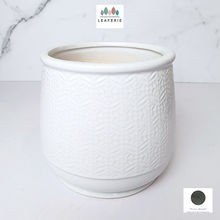 Load image into Gallery viewer, The Leaferie Nordman white ceramic pot with small imprinted design.