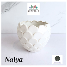 Load image into Gallery viewer, Nalya Heart-shaped ceramic planter with scalloped edge on a light background, featuring the LEAFERIE brand.