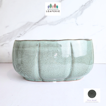 Load image into Gallery viewer, The Leaferie Rowan long shallow tray. blueish ceramic pot.