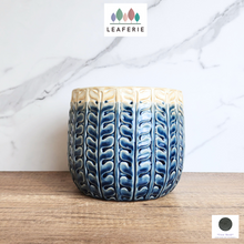 Load image into Gallery viewer, The Leaferie Aretie Blue and white ceramic pot. Leaf motif