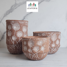 Load image into Gallery viewer, The Leaferie Mona Terracotta pot. front viiew. 3 designs