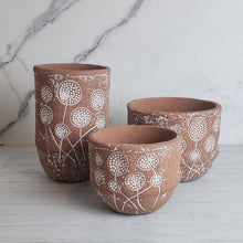 Load image into Gallery viewer, The Leaferie Mona Terracotta pot. front viiew. 3 design
