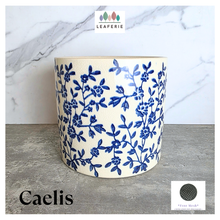 Load image into Gallery viewer, Caelis Ceramic planter with blue floral pattern on a marble surface, featuring the brand 'LEAFAERIE'.