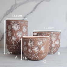 Load image into Gallery viewer, The Leaferie Mona Terracotta pot. front viiew. 3 designs . Measurement