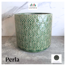 Load image into Gallery viewer, Perla Green patterned ceramic pot on a marble surface with 'LEAFERIE' branding.