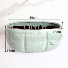 Load image into Gallery viewer, The Leaferie Rowan long shallow tray. blueish ceramic pot.