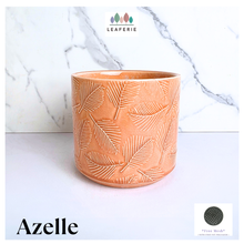 Load image into Gallery viewer, Azelle Ceramic planter with leaf pattern on a marble background, featuring the brand 'LEAFERIE'.