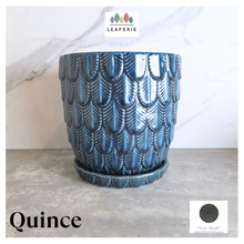 Load image into Gallery viewer, Quince Blue textured planter with 'Quince' text and 'LEAFERIE' branding on a light background
