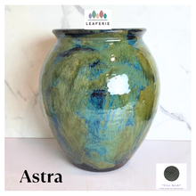 Load image into Gallery viewer, Astra Green and blue ceramic vase with 'Leaferie' branding on a white background