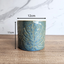 Load image into Gallery viewer, The Leaferie Aspasia blue leaf motif pot. ceramic material