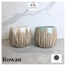 Load image into Gallery viewer, Rowan ceramic planters with textured design on a gray surface, branded 'LEAFERIE'.