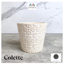 Load image into Gallery viewer, An off-white ceramic planter with a textured, embossed floral pattern, displayed on a gray stone surface against a white marble background. The brand name 'LEAFERIE' is visible at the top, and the product name 'Colette' is shown at the bottom left.