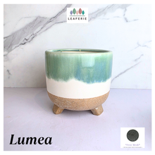 Load image into Gallery viewer, Lumea Ceramic planter with green and beige gradient on a marble background, featuring the brand 'LEAFERIE'.
