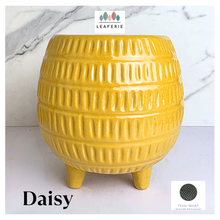 Load image into Gallery viewer, Daisy Yellow textured ceramic pot with 'LEAFERIE' branding on a marble background