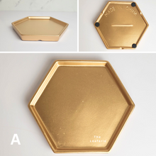Load image into Gallery viewer, The Leaferie hexagon ceramic trays . 4 colours, black, grey, gold and black. and 3 sizes. front view of colour A gold