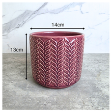 Load image into Gallery viewer, Zoya Pink ceramic pot with leaf pattern on a gray surface, branded 'LEAFERIE'.