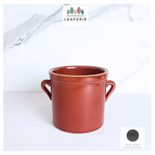 Load image into Gallery viewer, Ceramic planter with handles on a white background, featuring the Leaferie brand.