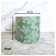 Load image into Gallery viewer, Alina pot Green plant pot with floral pattern on a wooden surface, branded 'LEAFAERIE'.
