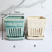 Load image into Gallery viewer, The Leaferie Leia Orchid pot with tray. Ceramic material. green and white colour