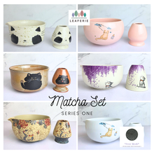 Load image into Gallery viewer, Collage of ceramic matcha sets with various designs and a Leaferie logo.