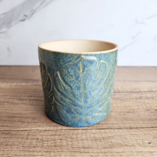 Load image into Gallery viewer, The Leaferie Aspasia blue leaf motif pot. ceramic material
