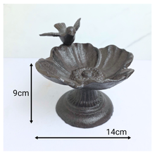 Load image into Gallery viewer, Barry cast iron Decorative bird bath with a bird on top, branded 'LEAFERIE', on a white background.