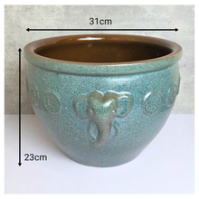 Load image into Gallery viewer, Arden Teal ceramic pot with elephant design on a light gray background, LEAFERIE . fish bowl . no drainage