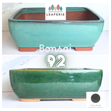 Load image into Gallery viewer, Bonsai 92 Rectangular Two green ceramic bonsai pots with 'Leaferie' branding on a white background.