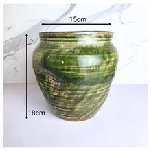 Load image into Gallery viewer, Anzu Leaferie ceramic flowerpot with green and black glaze on a white background, featuring the brand 'LEAFERIE'.