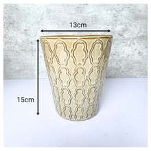 Load image into Gallery viewer, Vionna Beige ceramic pot with decorative patterns on a white surface, branded 'LEAFERIE'.