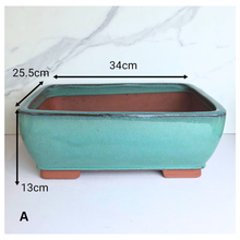 Load image into Gallery viewer, Bonsai 92 Rectangular Two green ceramic bonsai pots with 'Leaferie' branding on a white background.