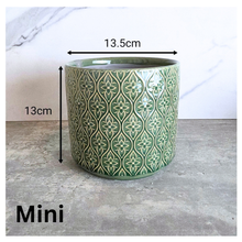 Load image into Gallery viewer, Perla Green patterned ceramic pot on a marble surface with 'LEAFERIE'