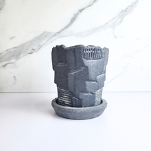 Load image into Gallery viewer, The Leaferie Yngvild terracotta pot with tray. Rustic and rugged planter. front view. Black colour