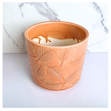 Load image into Gallery viewer, Azelle Ceramic planter with leaf pattern on a marble background, featuring the brand 'LEAFERIE'.