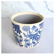Load image into Gallery viewer, Boreal Ceramic planter with blue floral pattern on a light gray background, featuring the brand 'LEAFAERIE'.