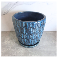 Load image into Gallery viewer, Quince Blue textured planter with 'Quince' text and 'LEAFERIE' branding on a light background