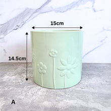 Load image into Gallery viewer, The Leaferie Elian flowerpot. Floral green and pink color ceramic pot.
