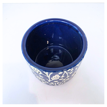 Load image into Gallery viewer, Marina Blue ceramic pot with white floral patterns on a white background, featuring the brand 'LEAFERIE'.