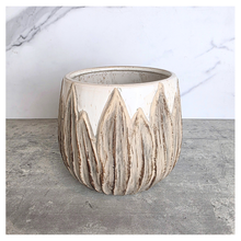 Load image into Gallery viewer, Rowan ceramic planters with textured design on a gray surface, branded 'LEAFERIE'.