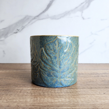 Load image into Gallery viewer, The Leaferie Aspasia blue leaf motif pot. ceramic material