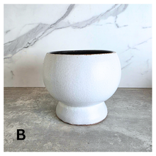 Load image into Gallery viewer, Olea Two ceramic pots with speckled purple glaze and white finish on a marble surface, featuring the Leaferie brand.