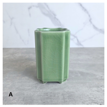 Load image into Gallery viewer, The Leaferie Bonsai 94 tall Green ceramic planter with dimensions marked on a white background