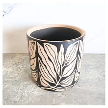 Load image into Gallery viewer, Verdelle Two ceramic pots with leaf pattern on a gray surface, branded 'LEAFTERIE'.