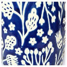 Load image into Gallery viewer, Marina Blue ceramic pot with white floral patterns on a white background, featuring the brand 'LEAFERIE'.