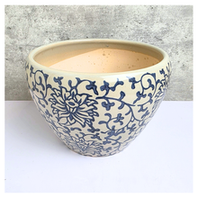 Load image into Gallery viewer, Aveline Ceramic planter with blue floral pattern on a gray background, featuring the Leaferie brand.