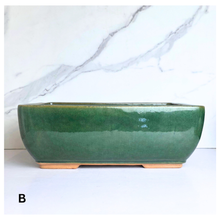 Load image into Gallery viewer, Bonsai 92 Rectangular Two green ceramic bonsai pots with 'Leaferie' branding on a white background.